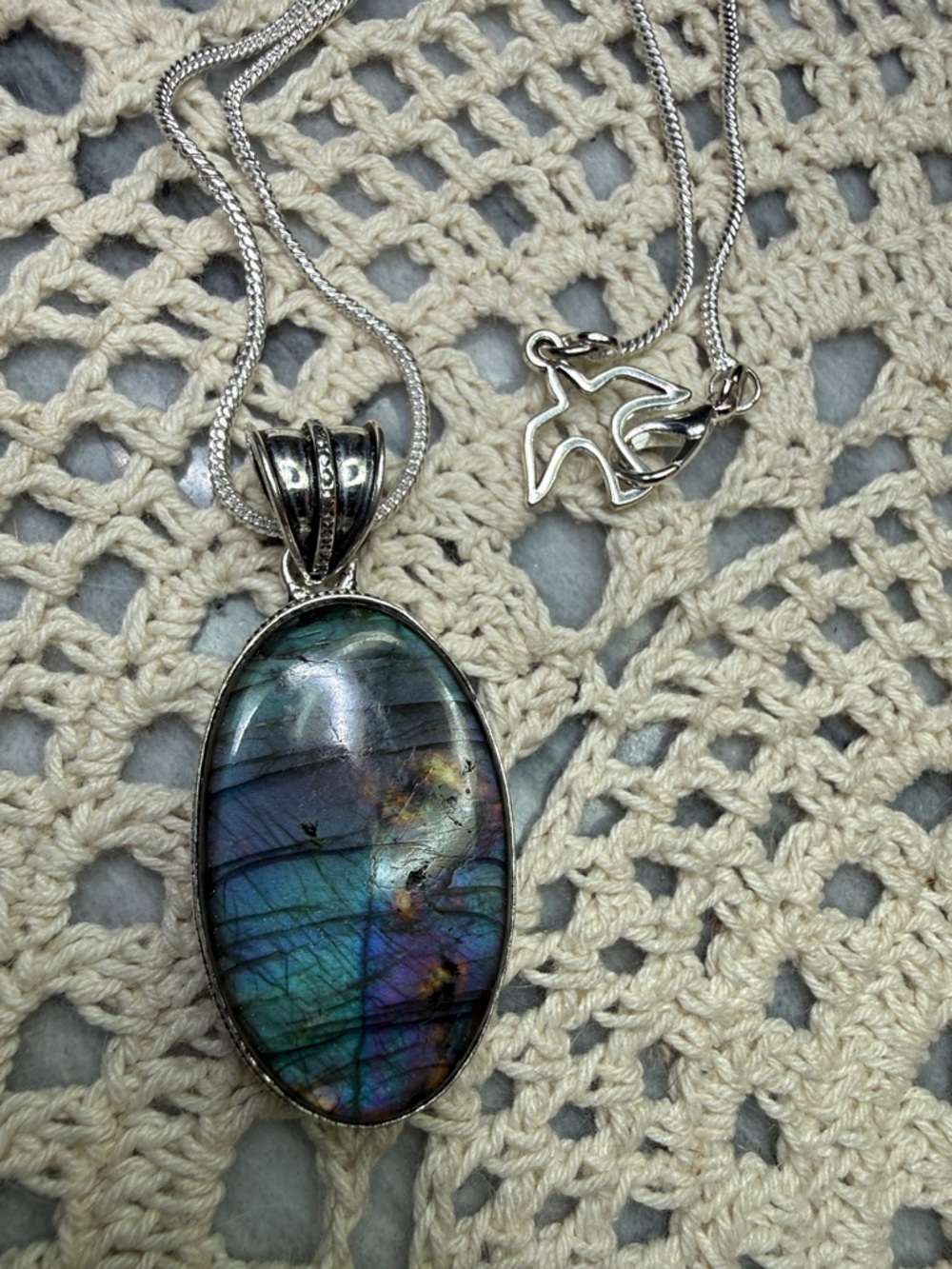Silver Labradorite Oval Pendant Necklace in Blue-Green